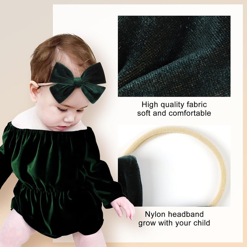 ONENINEDREAM 4'' Baby Velvet Gloss Bows Handmade Headbands Tied Bow Elastic Nylon Hair Accessories for Baby Girls Newborn Infant 3 Pcs Red Royal Blue Dark Green - Image 5